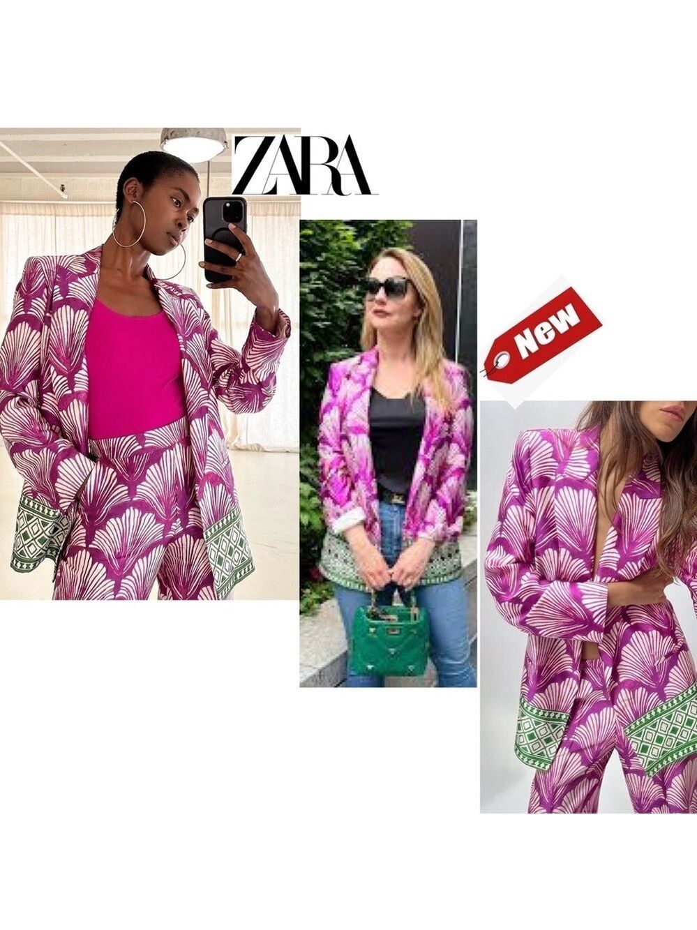 Zara fuchsia purple green printed satin open front long sleeve lapel blazer S